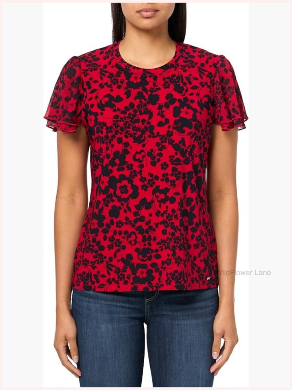 Flutter Sleeve Floral Top - Short Sleeve Crewneck Blouse